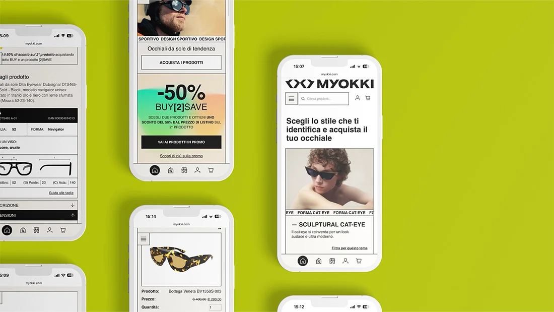 Versioni mobile di Myokki, E-Commerce di Occhiali realizzato da Hud Agency