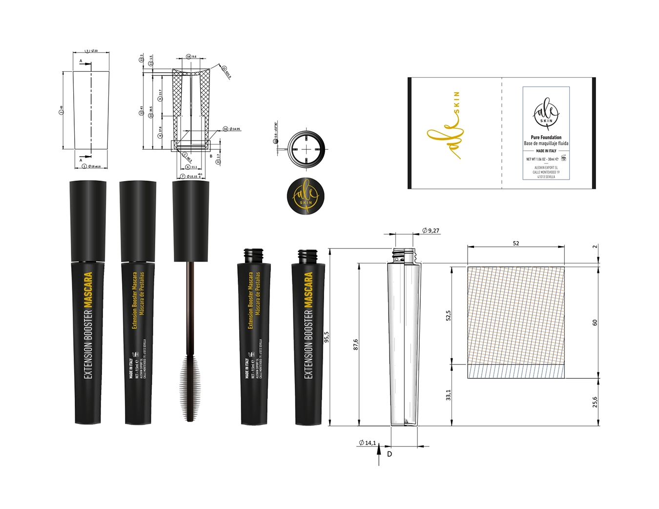 Prototipo dei nuovi packaging per la cosmesi realizzati per Ale Skin, con grafiche applicate