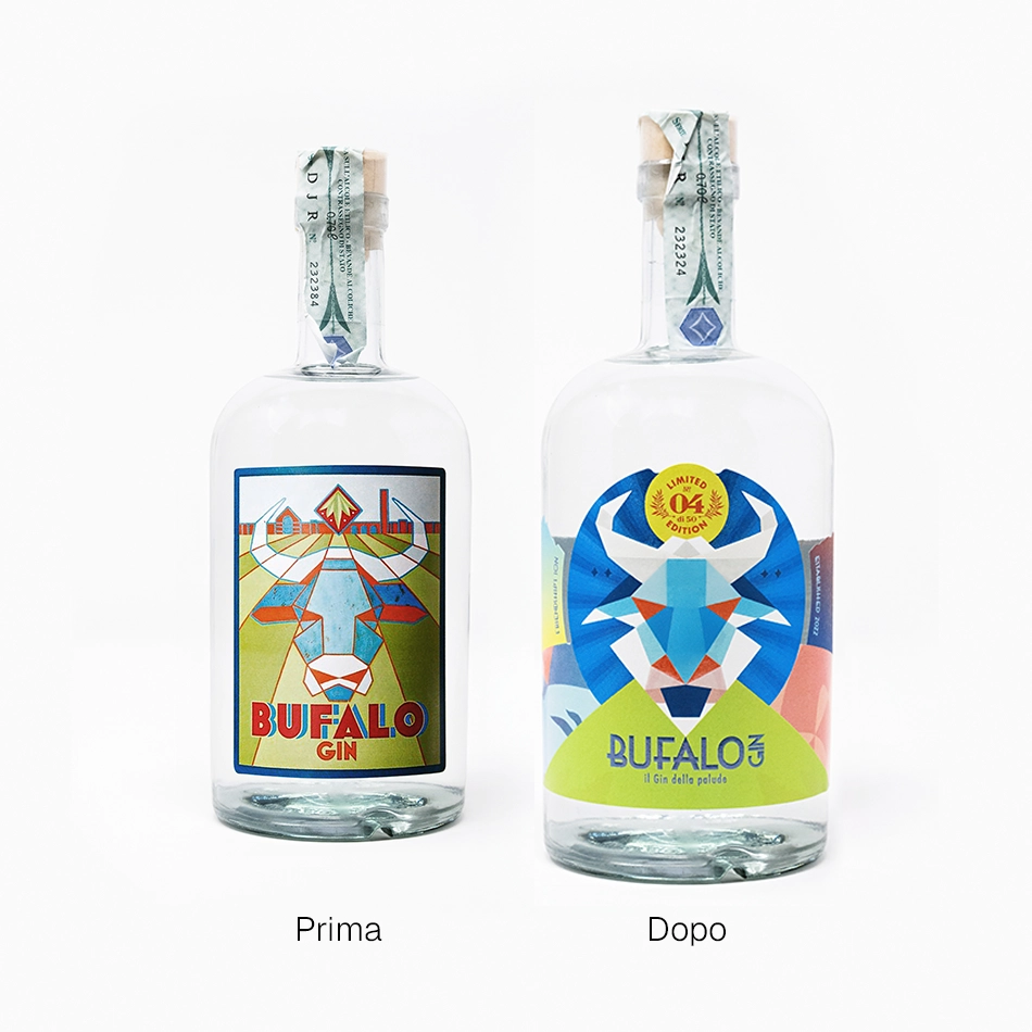 Vecchia Label di bufalo gin a confronto con il nuovo restyling creato da Hud Agency