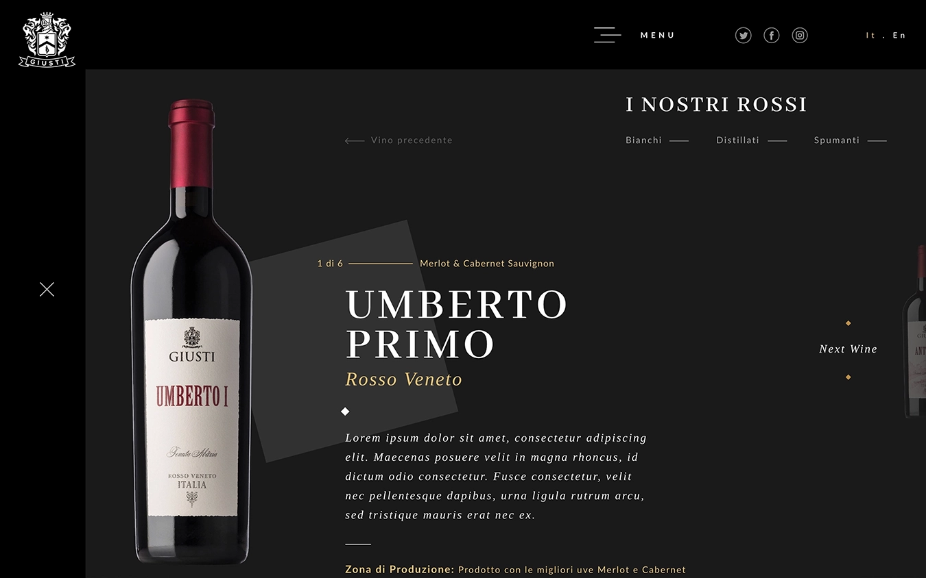 Pagina web dedicata ad un prodotto specifico presente nel sito realizzato per Giusti Wine