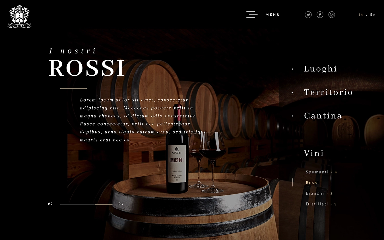 Pagina web dedicata ai Vini Rossi del sito realizzato per Giusti Wine