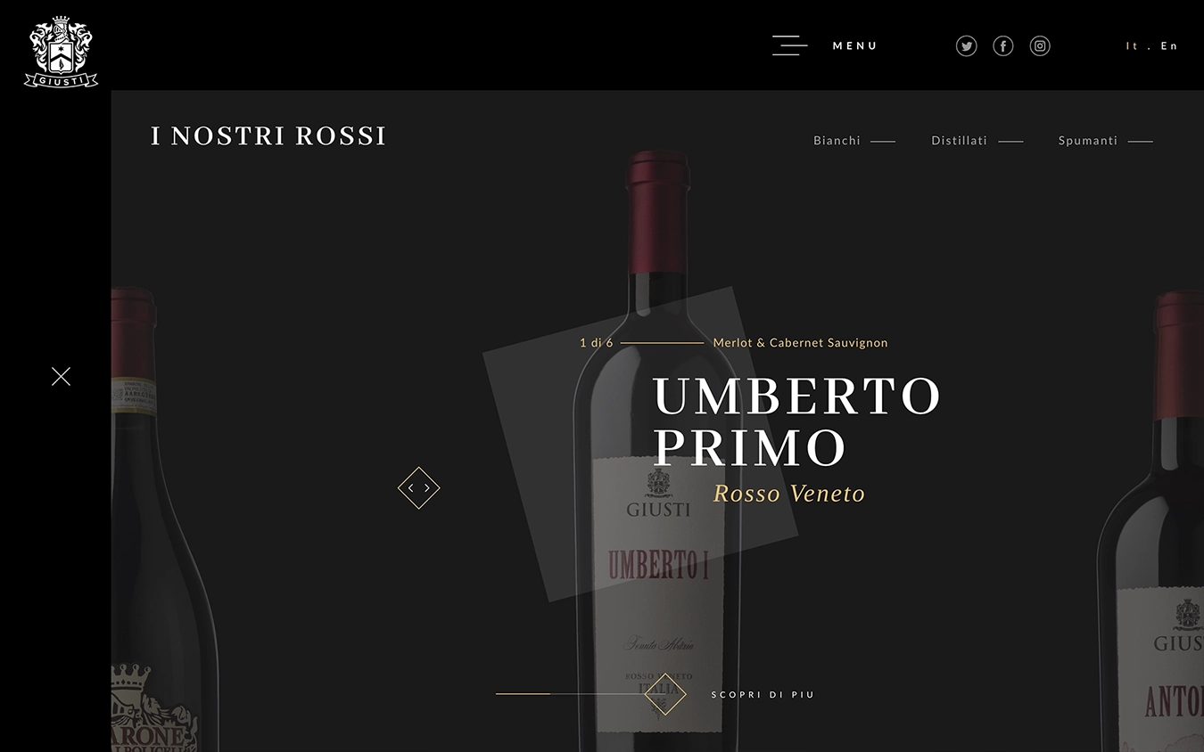 Dettaglio della Pagina web dedicata ai Vini Rossi del sito realizzato per Giusti Wine