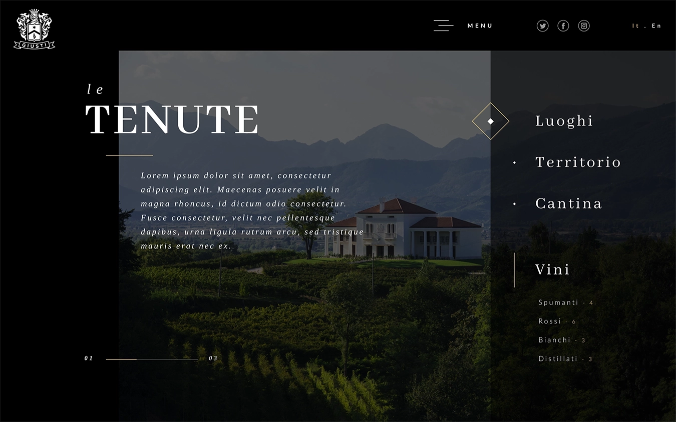 Pagine web del sito realizzato per Giusti Wine