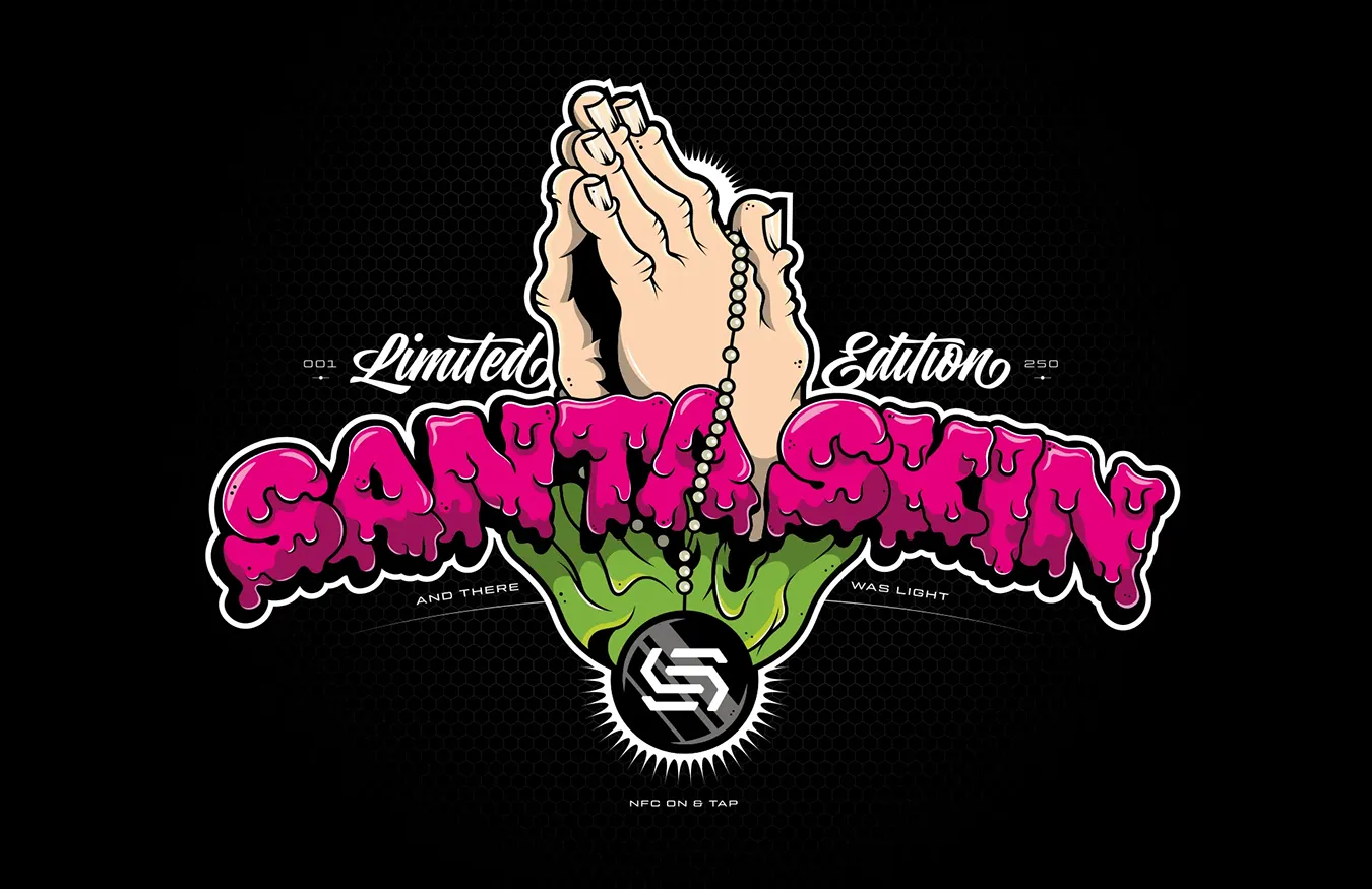 Illustrazione principale per la doypack limited edition di Santa Skin, con mani in preghiera
