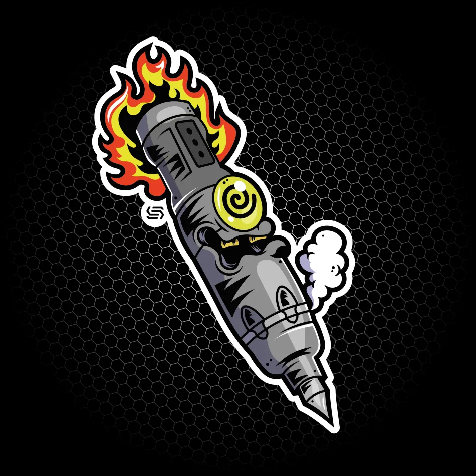 Merchandise di adesivo con illustrazione di una macchina per tatuaggi in fiamme realizzato per SantaSkin da Hud Agency
