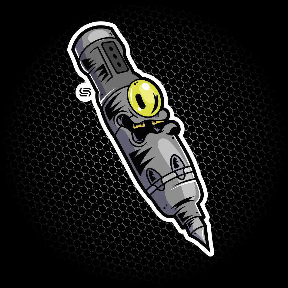 Merchandise di adesivo con illustrazione di una macchina per tatuaggi realizzato per SantaSkin da Hud Agency