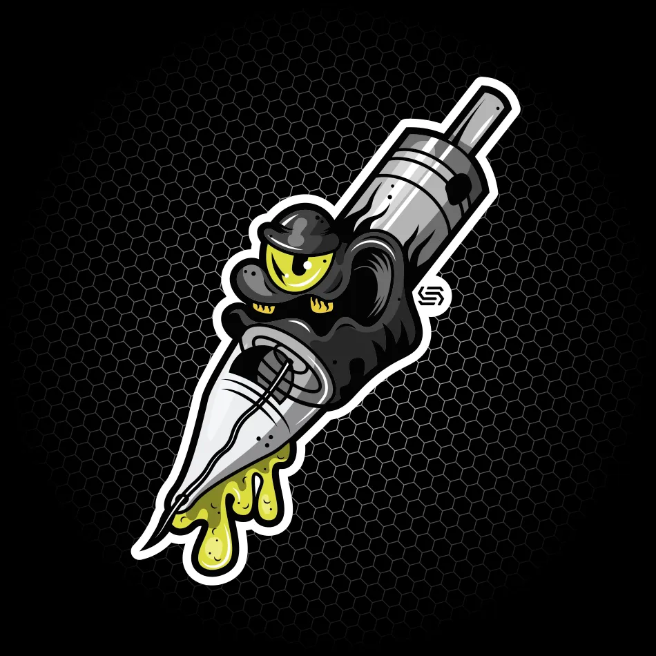 Merchandise di adesivo con illustrazione di una macchina per tatuaggi realizzato per SantaSkin da Hud Agency