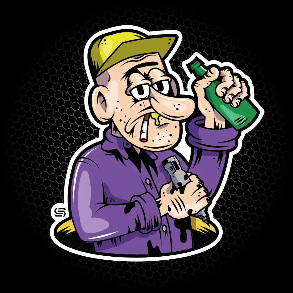 Merchandise di adesivo con illustrazione di un uomo con macchinetta per tatuaggi in mano realizzato per SantaSkin da Hud Agency