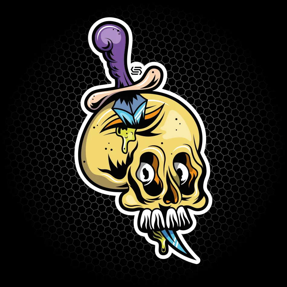 Merchandise di adesivo con illustrazione di un teschio con un coltello inserito nel cranio realizzato per SantaSkin da Hud Agency