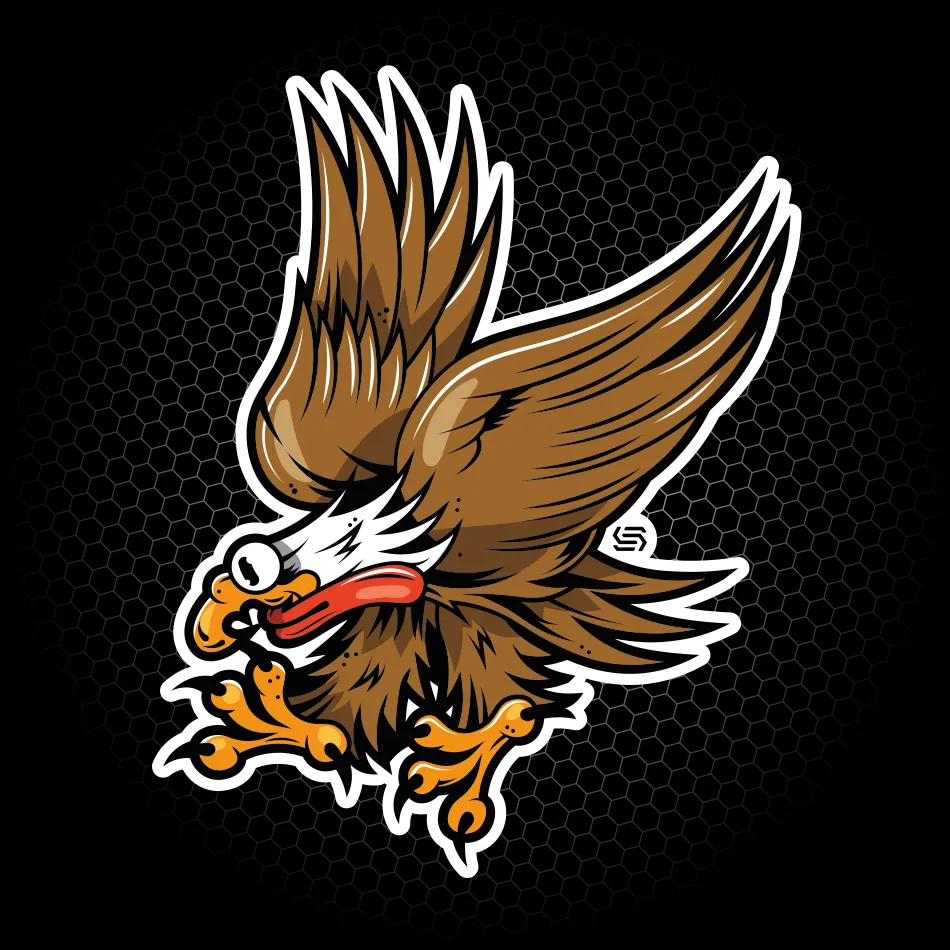 Merchandise di adesivo con illustrazione di un'aquila realizzato per SantaSkin da Hud Agency