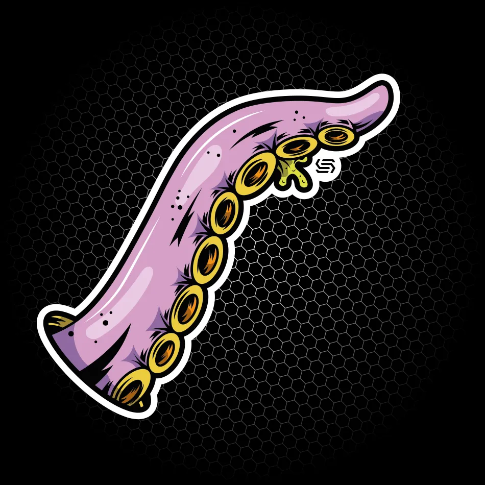 Merchandise di adesivo con illustrazione di un tentacolo di polpo realizzato per SantaSkin da Hud Agency