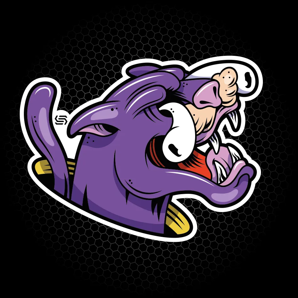 Merchandise di adesivo con illustrazione di un mostro pantera viola realizzato per SantaSkin da Hud Agency