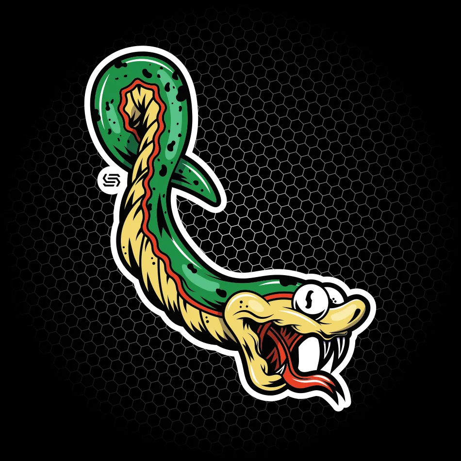 Merchandise di adesivo con illustrazione di un serpente realizzato per SantaSkin da Hud Agency