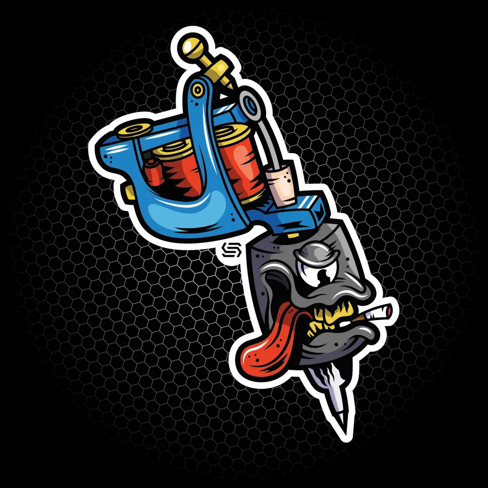 Merchandise di adesivo con illustrazione di una macchina per tatuaggi realizzato per SantaSkin da Hud Agency