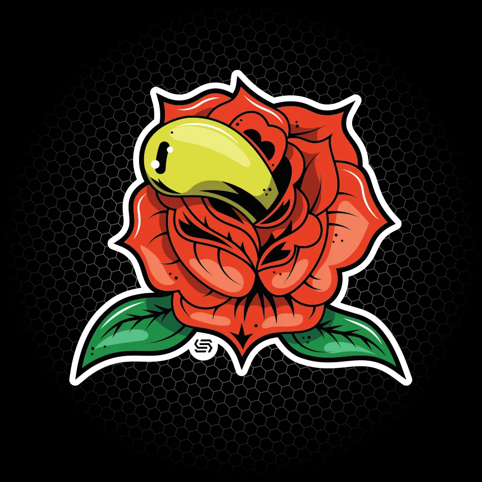 Merchandise di adesivo con illustrazione di una rosa con un occhio realizzato per SantaSkin da Hud Agency