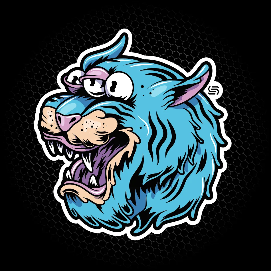 Merchandise di adesivo con illustrazione di un mostro pantera blu con 3 occhi realizzato per SantaSkin da Hud Agency