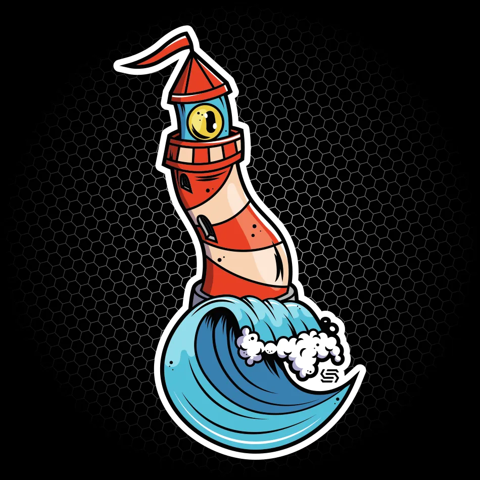 Merchandise di adesivo con illustrazione di un mostro a forma di faro realizzato per SantaSkin da Hud Agency