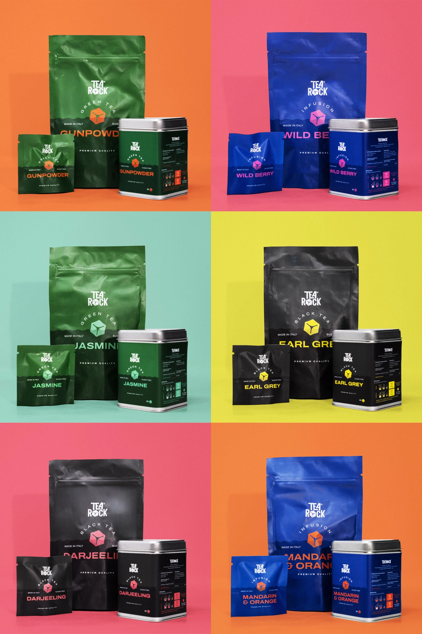 Packaging di te realizzati con buste doypack e barattoli in latta